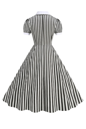 Preto A Line Stripe vestido dos anos 1950 com mangas